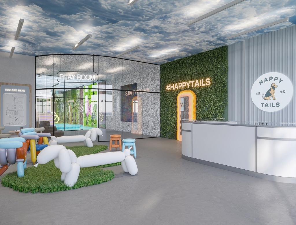 rendering of the inside of Happy Tails shows the lobby of the Tribeca location, with dog-shaped benches and a neon sign blaring "#HAPPYTAILS" 