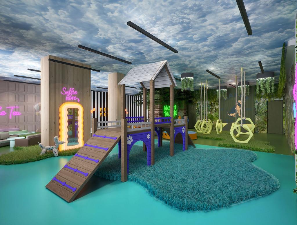 rendering of the Happy Tails clubhouse shows a puppy playset in one room 