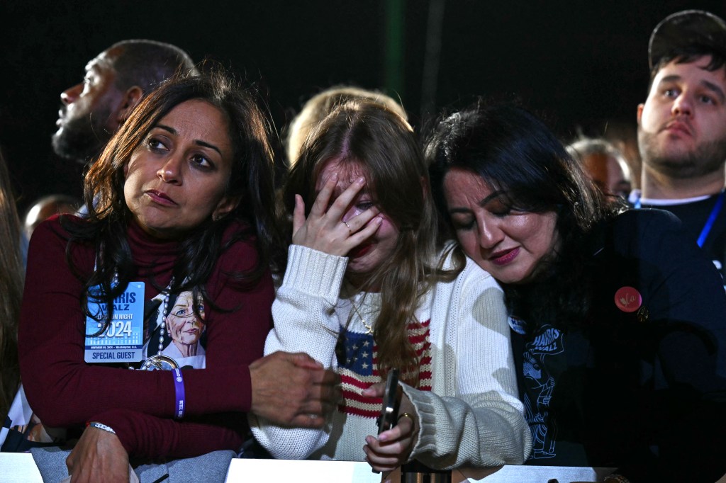 Supporters reacting to election results at an event for US Vice President and Democratic presidential candidate Kamala Harris at Howard University in Washington, DC, on November 5, 2024.