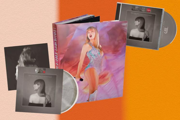 Taylor Swift with a book and CD on a table