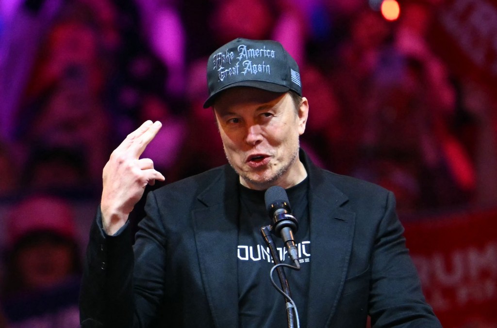 Elon Musk, Tesla and SpaceX CEO, speaking at a rally for former US President Donald Trump at Madison Square Garden, New York