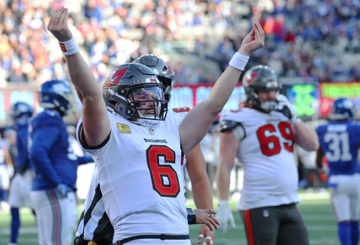 Tampa Bay Buccaneers quarterback Baker Mayfield (6) trolls the Italian fans with his hands after his touchdown during the first half when the New York Giants played the Tampa Bay Buccaneers Sunday, November 24, 2024 at MetLife Stadium in East Rutherford, NJ.