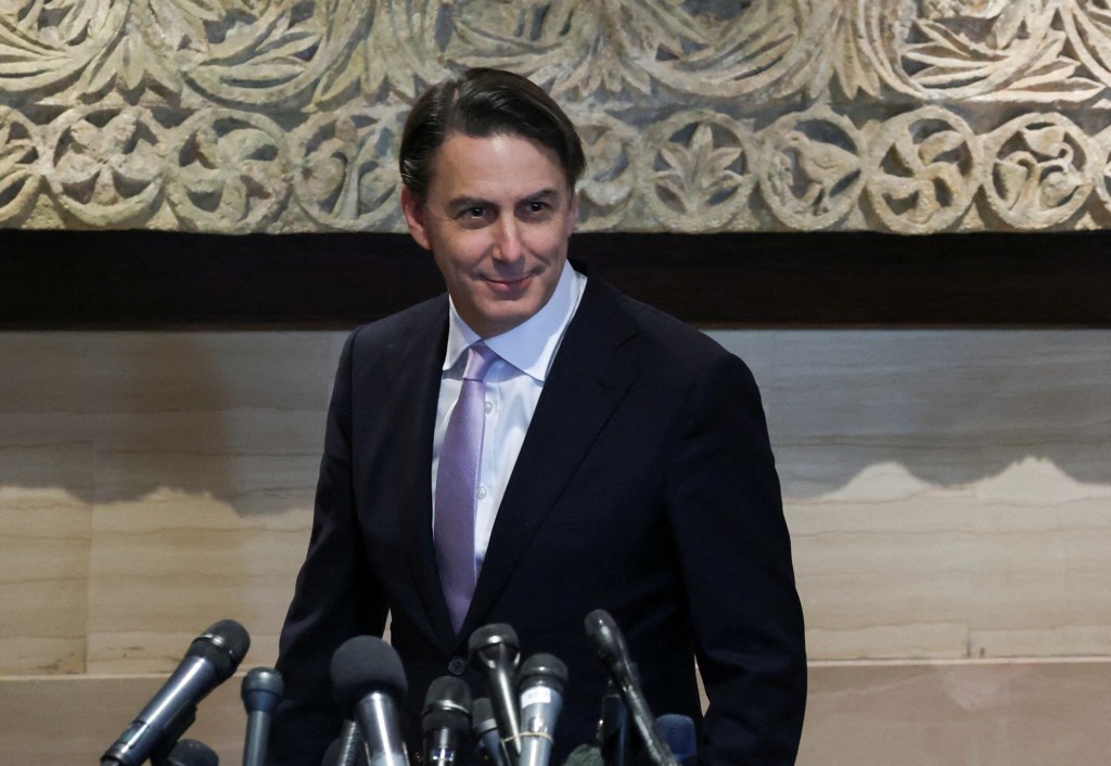 U.S. special envoy Amos Hochstein in a suit, speaking to the media after meeting with Lebanese Parliament Speaker Nabih Berri in Beirut, Lebanon in November 2024