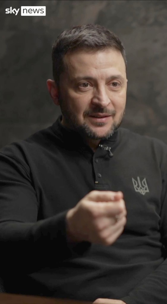 Ukrainian President Volodymyr Zelensky in a black shirt giving an interview to Sky News about conceding territory to Russia to end the war