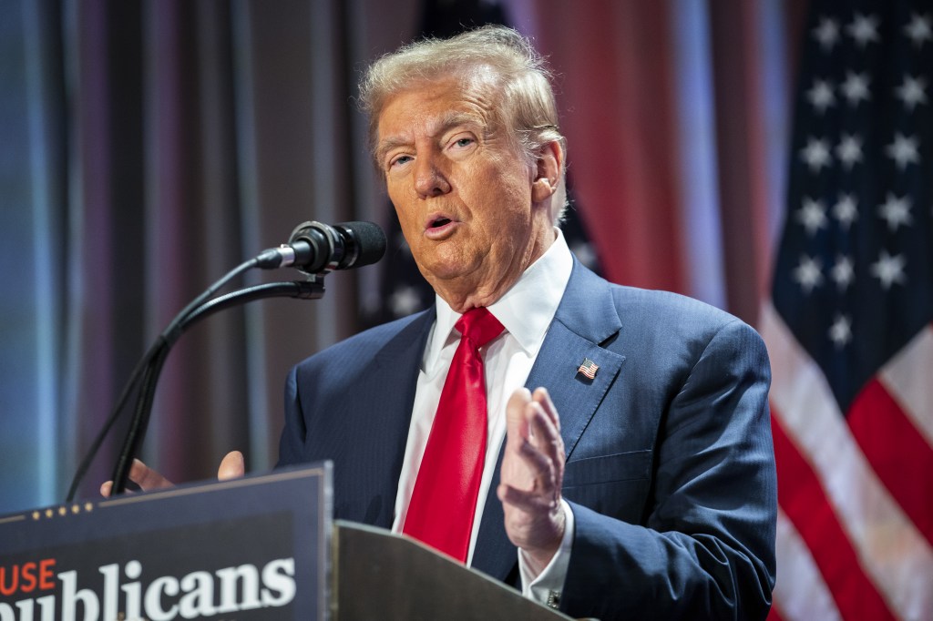 United States President-elect Donald J. Trump speaks during a meeting with House Republicans at the Hyatt Regency Hotel in Washington, DC.