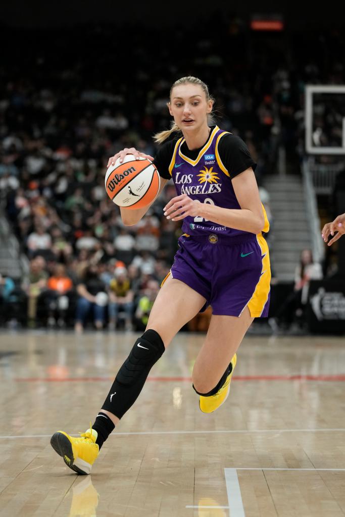 LA Sparks center Cameron Brink dribbles the ball during a preseason game against the Seattle Storm during  on May 4, 2024 at Rodgers Place in Edmonton, Canada.  