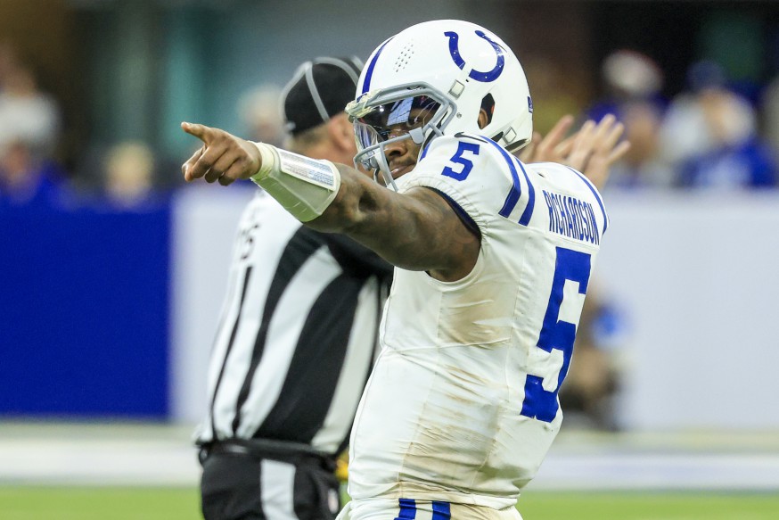 Anthony Richardson #5 of the Indianapolis Colts reacts after a first down against the Tennessee Titans during the fourth quarter at Lucas Oil Stadium on December 22, 2024 in Indianapolis, Indiana.