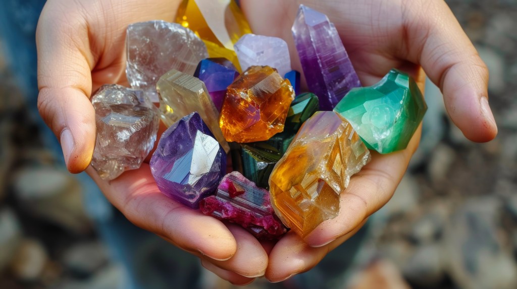 Colorful crystals and gemstones held outside, showcasing their natural beauty and energy