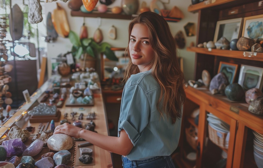 Woman standing in front of a table full of various mineral, gemstone, and crystal items in a shop