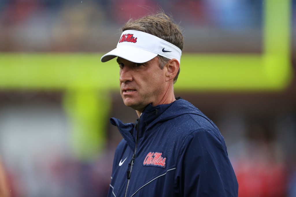 Mississippi head coach Lane Kiffin is seen during the pregame of an NCAA college football game against Georgia on Saturday, Nov. 9, 2024, in Oxford, Miss. 