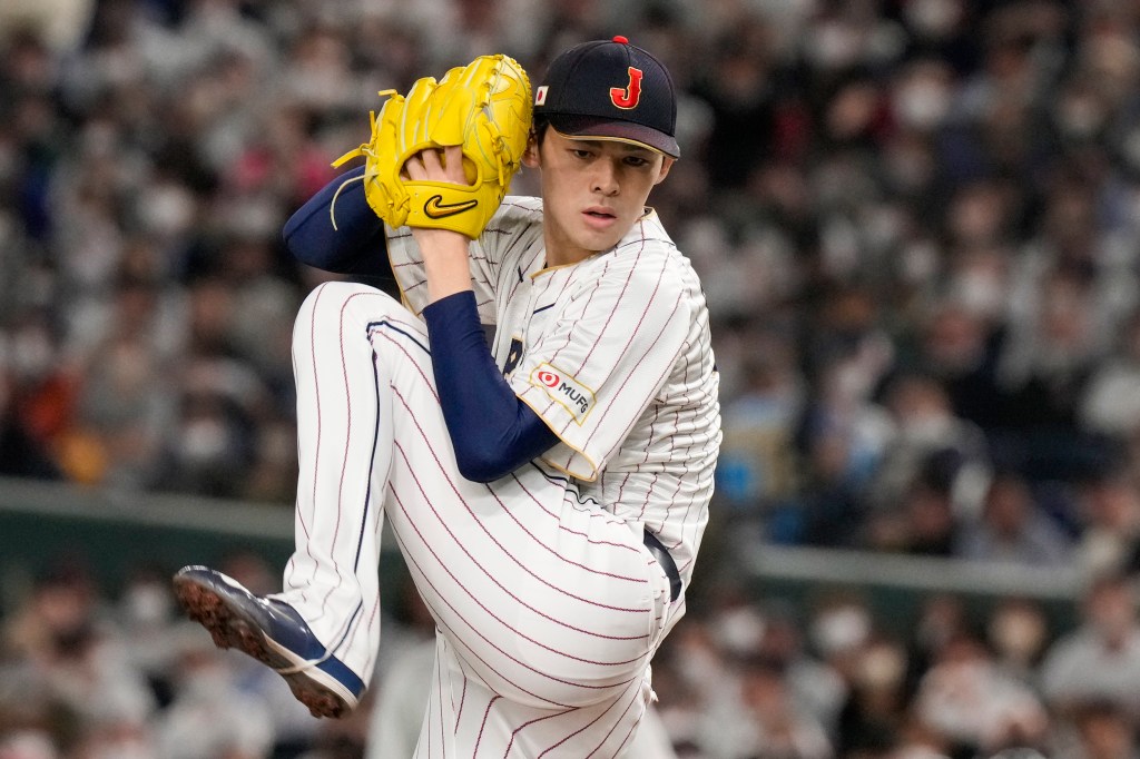  Roki Sasaki of Japan pitches during their Pool B game against the Czech Republic at the World Baseball Classic at the Tokyo Dome in Tokyo, on March 11, 2023.