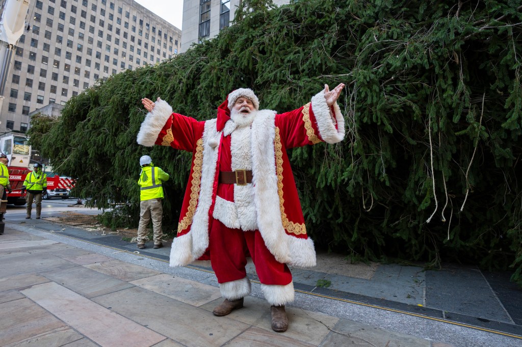 An actor playing as Santa Claus arrives during the installation of the Rockefeller Center Christmas tree on November 09, 2024.