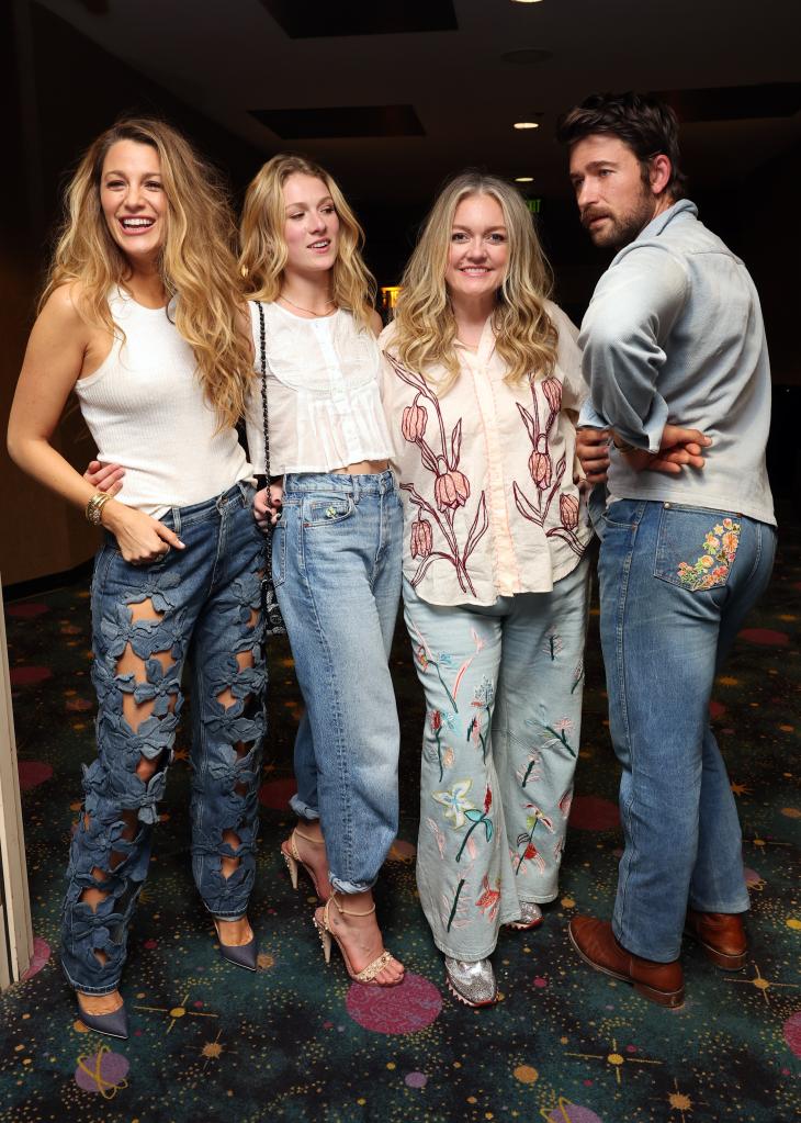 Blake Lively, Isabela Ferrer, Colleen Hoover and Brandon Sklenar seen at a surprise screening of IT ENDS WITH US, in theaters August 9 from Columbia Pictures at AMC Grapevine Mills 24 on June 15, 2024 in Grapevine, Texas.