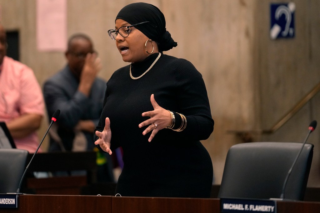 Boston City Councilor Tania Fernandes Anderson addresses Boston City Council members during a meeting at City Hall, in Boston, Wednesday, Oct. 25, 2023. 