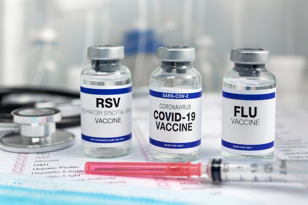 RSV vaccination (shown here along with COVID-19 and flu vaccines) is recommended for adults 75 and older and adults between the ages of 60 and 74 at increased risk of severe RSV.