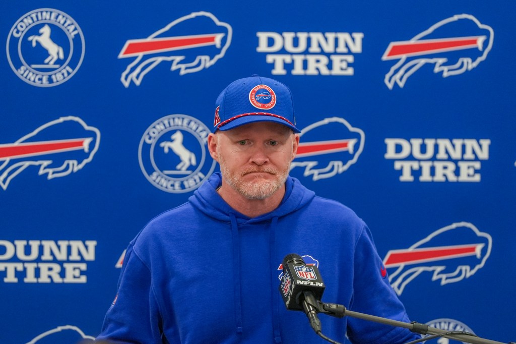 Sean McDermott speaks to the media after the Bills-Rams game on Dec. 8, 2024. 