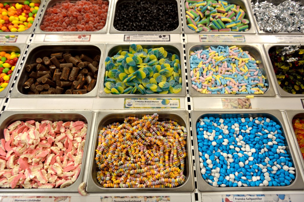 Trays of various candies displayed in Candy World, the largest candy store in Sweden and Europe