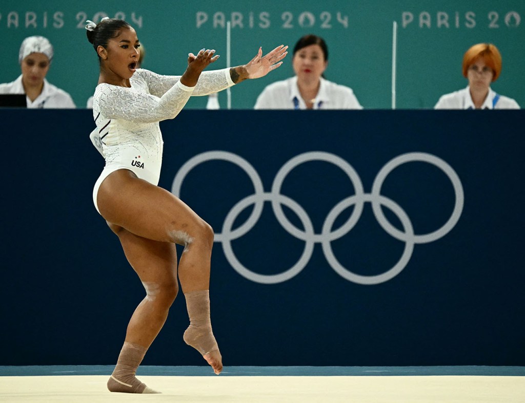 US' Jordan Chiles competes in the artistic gymnastics women's floor exercise final during the Paris 2024 Olympic Games at the Bercy Arena in Paris, on August 5, 2024.