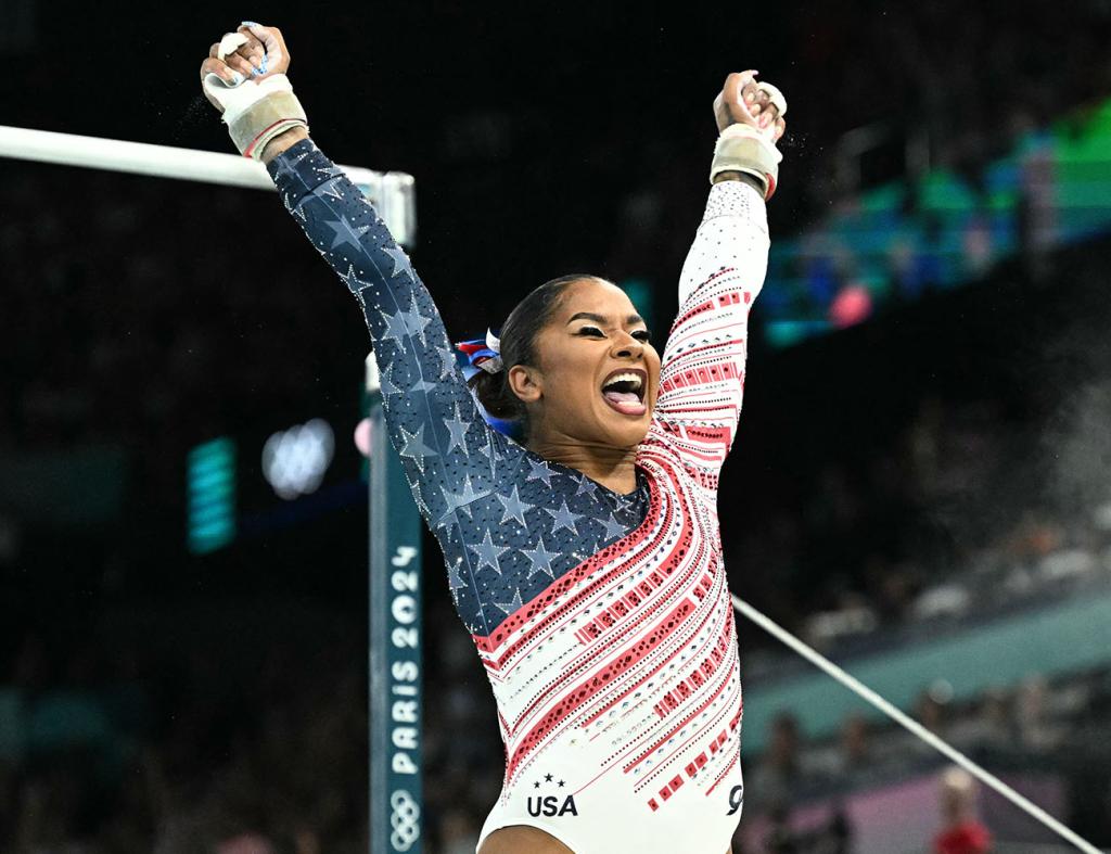 US' Jordan Chiles reacts after competing in the uneven bars event of the artistic gymnastics women's team final during the Paris 2024 Olympic Games at the Bercy Arena in Paris, on July 30, 2024. 