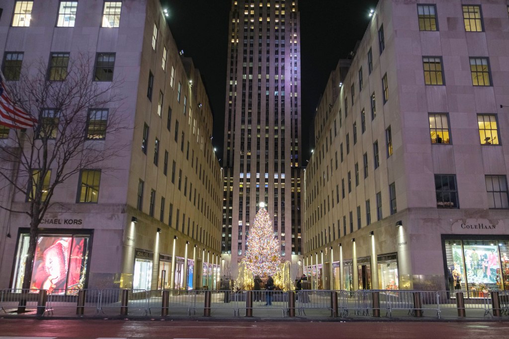 The Christmas tree at Rockefeller Center at dawn, before sunrise. 