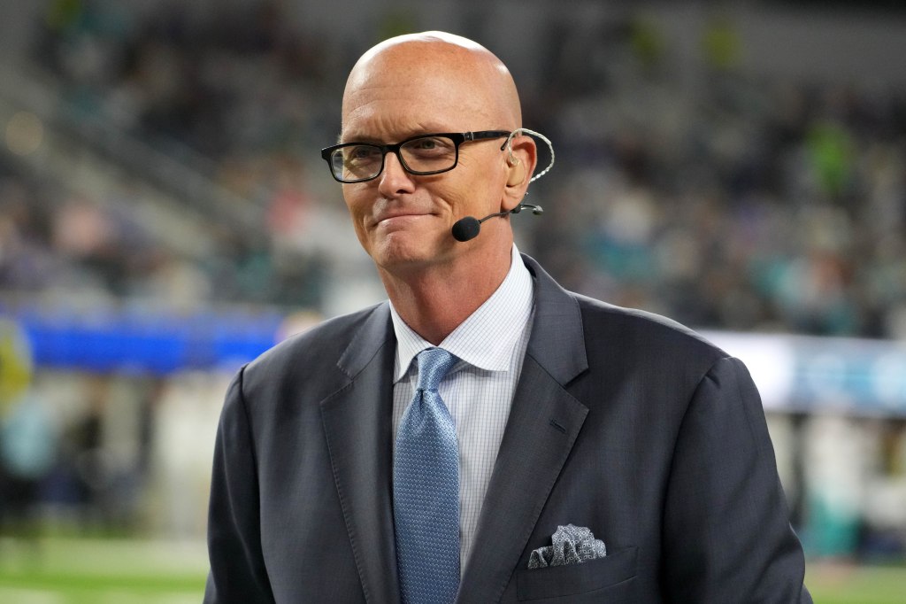 ESPN sportscaster Scott Van Pelt looks stoic as always while on set for a game between the Miami Dolphins and the Los Angeles Rams at SoFi Stadium.