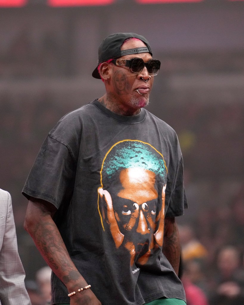 Former Chicago Bulls forward Dennis Rodman walks off the court before the start of an Emirates NBA Cup basketball game between the Bulls and the Atlanta Hawks on Friday, November. 22, 2024, in Chicago.
