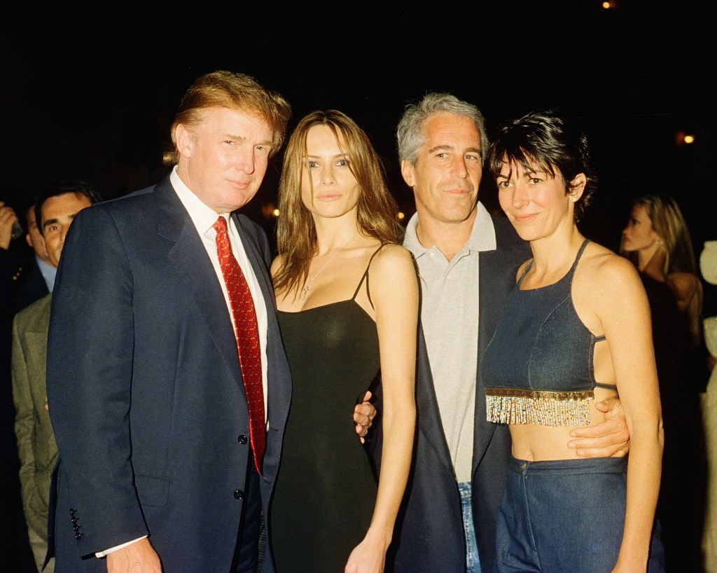 Donald Trump, Melania Knauss, Jeffrey Epstein, and Ghislaine Maxwell posing together at Mar-a-Lago club, Palm Beach, Florida in 2000.