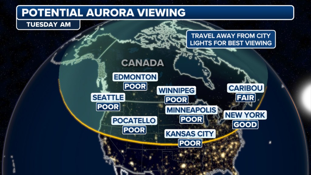 aurora viewing forecast when a strong geomagnetic storm is possible