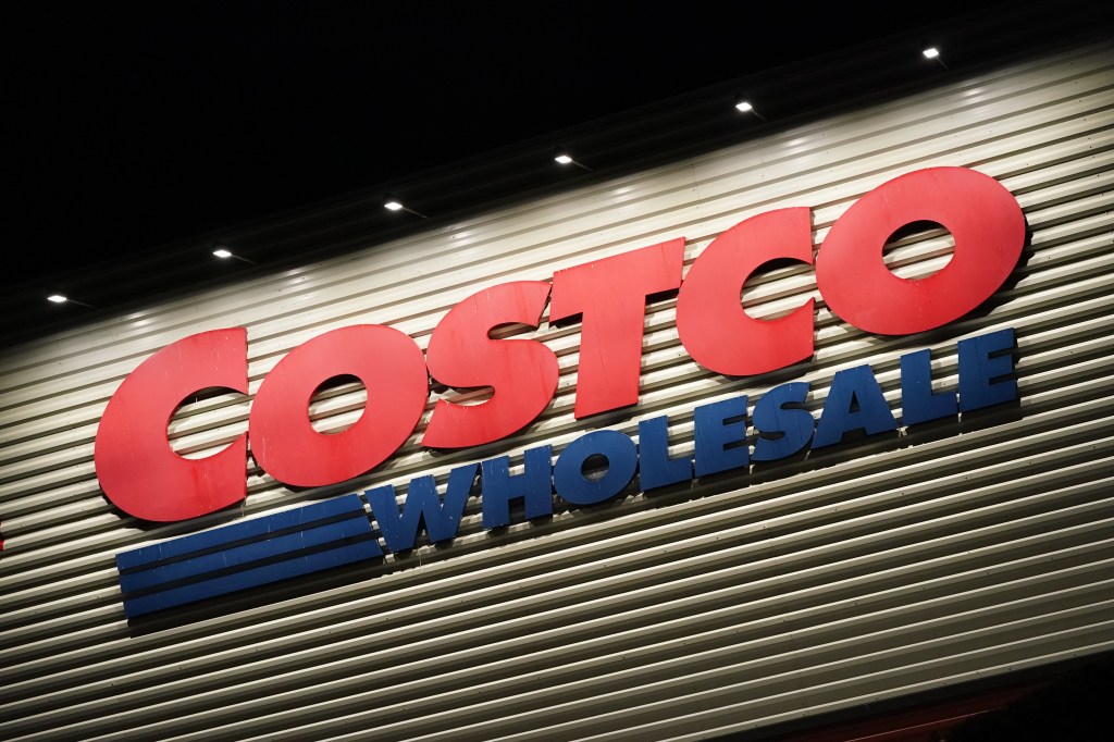 Night view of Costco Wholesale store sign in Teterboro, NJ