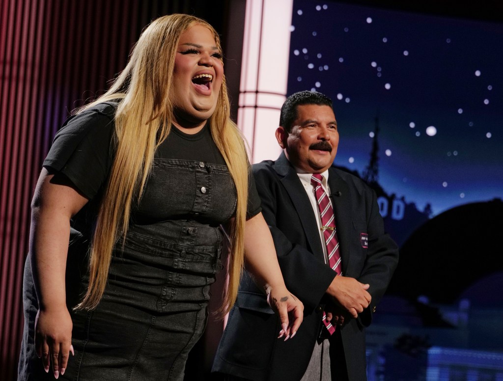 "Very demure" TikTok creator Jools Lebron, left, with talk show personality Guillermo Rodriguez on the set of "Jimmy Kimmel Live!" in August.