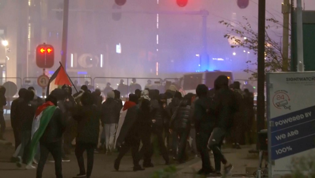 Pro-Palestinian protesters near the soccer stadium in Amsterdam on Nov. 7.