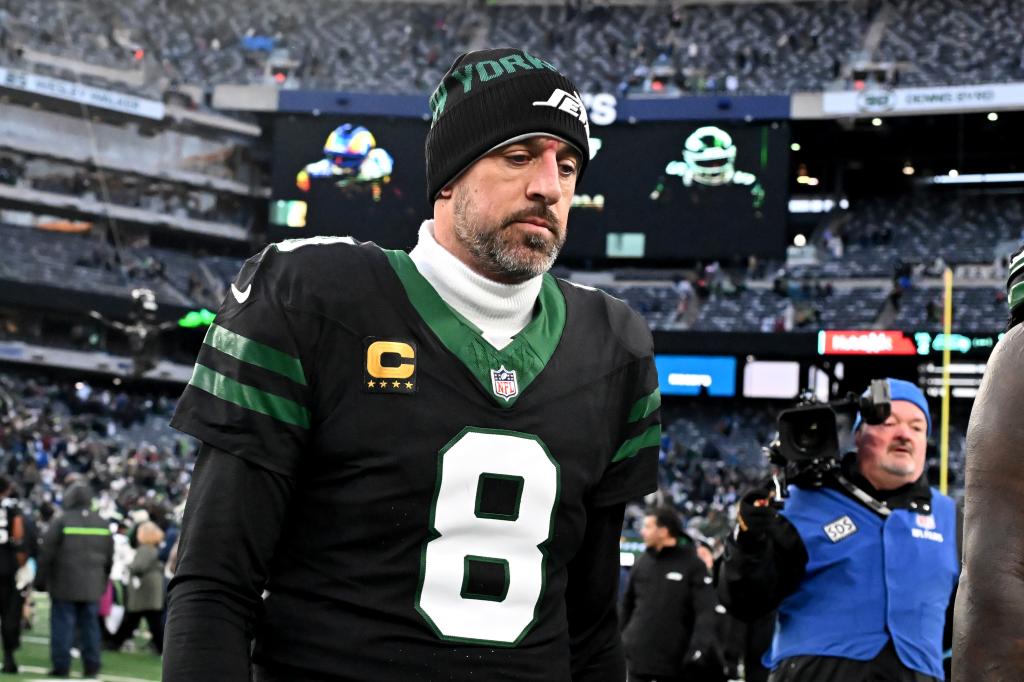 Jets quarterback Aaron Rodgers  leaves the field after the Seattle Seahawks 26-21 win over the Jets in East Rutherford, NJ.