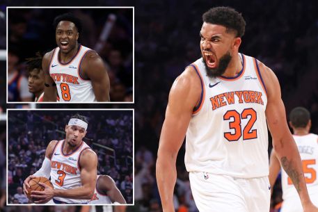 The Knicks' Karl-Anthony Towns is fired up; insets: OG Anunoby, Josh Hart