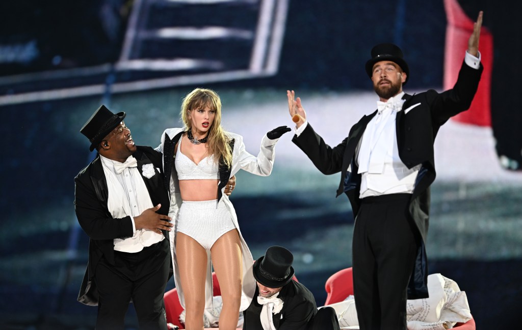 Travis Kelce appeared on stage at girlfriend Taylor Swift's Eras Tour in June 2024.