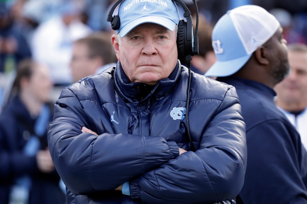 North Carolina head coach Mack Brown watches the action during the first half of an NCAA college football game against North Carolina State, Saturday, Nov. 30, 2024, in Chapel Hill, N.C. It will be his last game leading the Tar Heels.