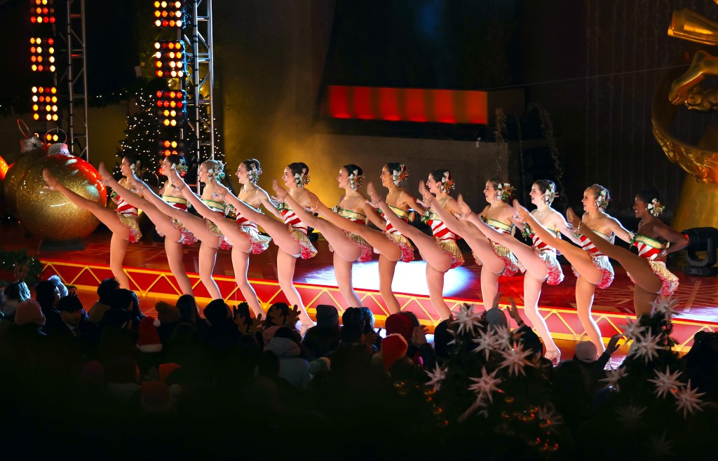 The Rockettes are seen performing during the Christmas Tree Lighting at the Rockefeller Plaza pre-tape on November 28, 2023.