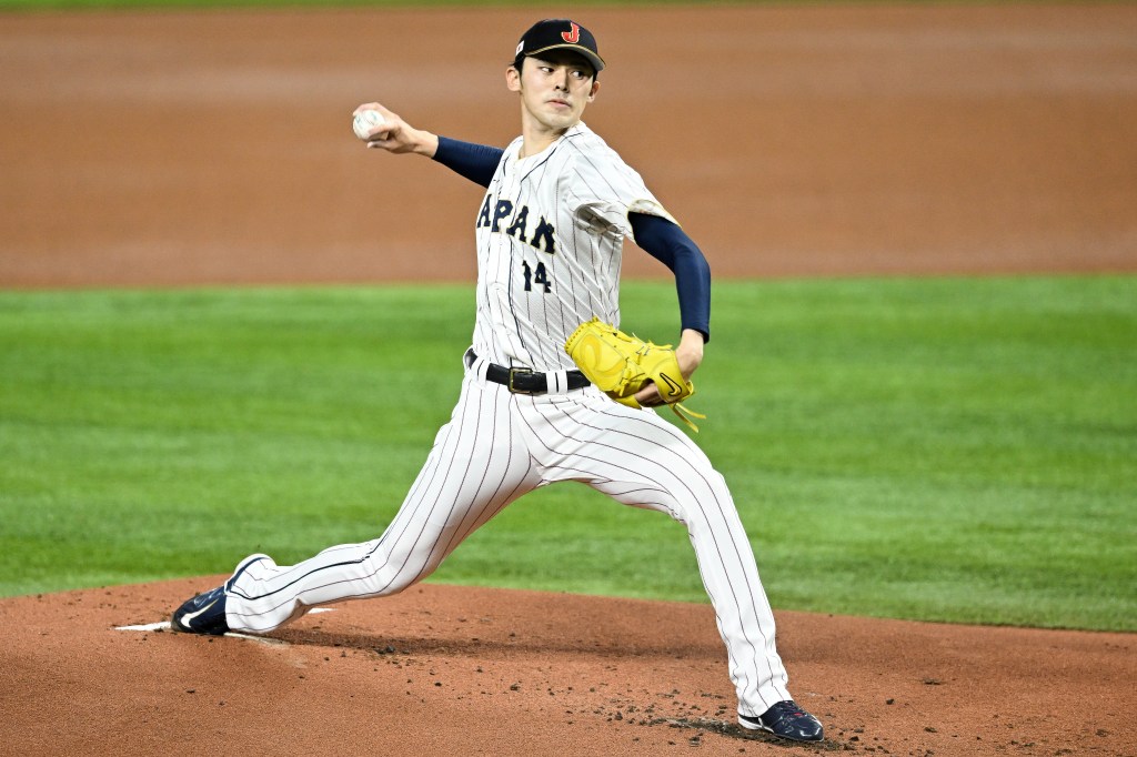 Roki Sasaki of Team Japan pitching during the World Baseball Classic Semifinals against Mexico