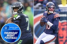 A collage of football players, featuring Geno Smith and Caleb Williams, from the Seahawks and Bears game.