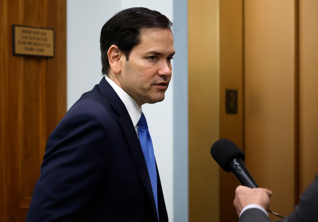 U.S. President-elect Donald Trump's nominee to be Secretary of State Sen. Marco Rubio (R-FL) speaks to reporters as he leaves his office in the Dirksen Senate Office Building on December 10, 2024 in Washington, DC.