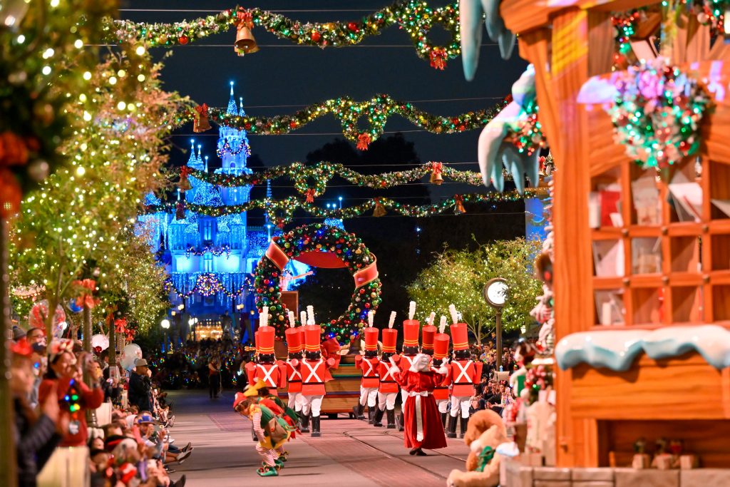 Visitors watching A Christmas Fantasy Parade during Disney Merriest Nites at Disneyland, Anaheim, CA on November 16, 2021