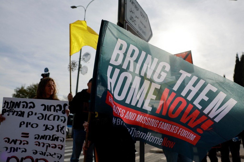 Family members and supporters of Israeli hostages at a rally in Jerusalem on Jan. 14, 2025.