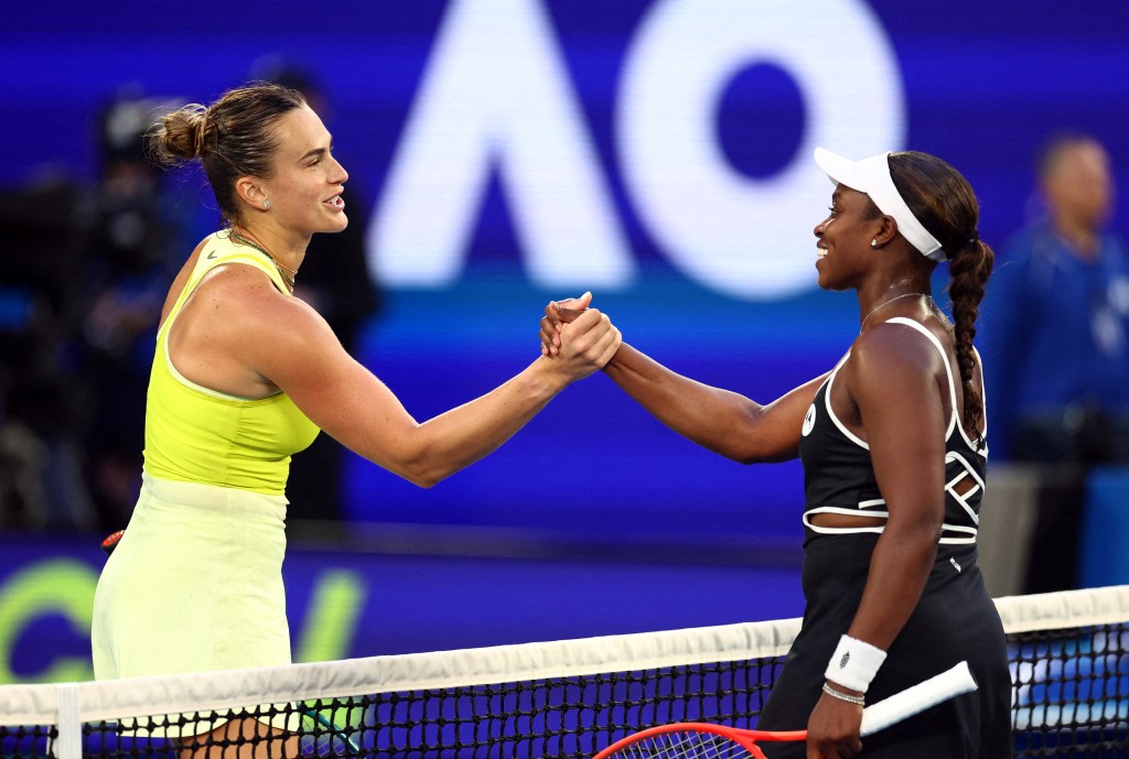 Aryna Sabalenka (l.) greets Sloane Stephens (r.) after defeating her in the first round of the Australian Open on Jan. 12, 2025.