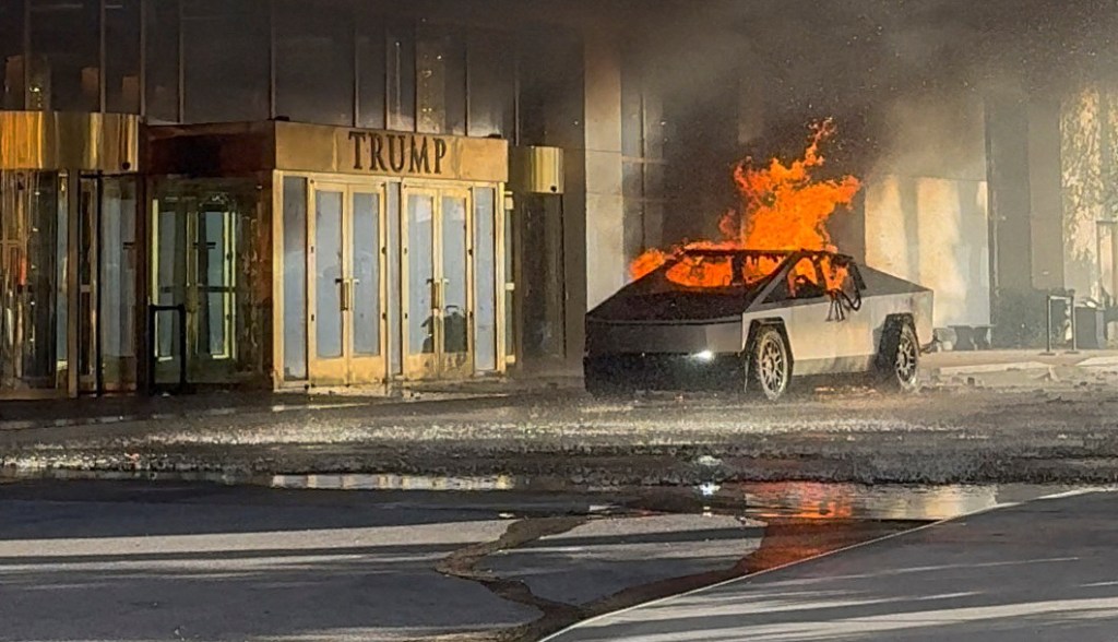 Tesla Cybertruck engulfed in flames outside Trump International Hotel in Las Vegas