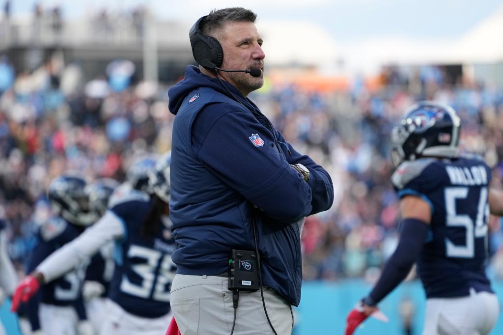 Tennessee Titans head coach Mike Vrabel looks on during the second half of an NFL football game against the Jacksonville Jaguars Sunday, Jan. 7, 2024, in Nashville, Tenn. 