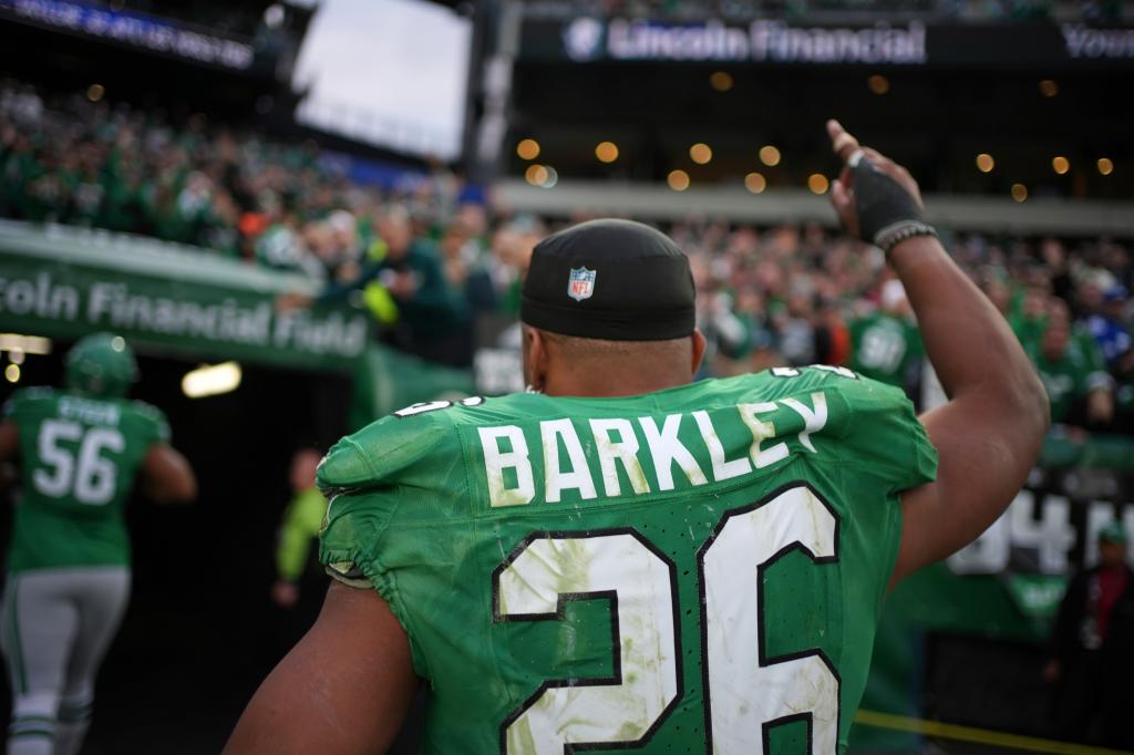 Philadelphia Eagles' Saquon Barkley reacts after an NFL football game, Sunday, Dec. 29, 2024, in Philadelphia. 