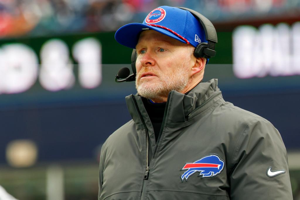 Buffalo Bills head coach Sean McDermott makes a call from the sideline during the first half of an NFL football game against the New England Patriots, Sunday, Jan. 5, 2025, in Foxborough, Mass. 