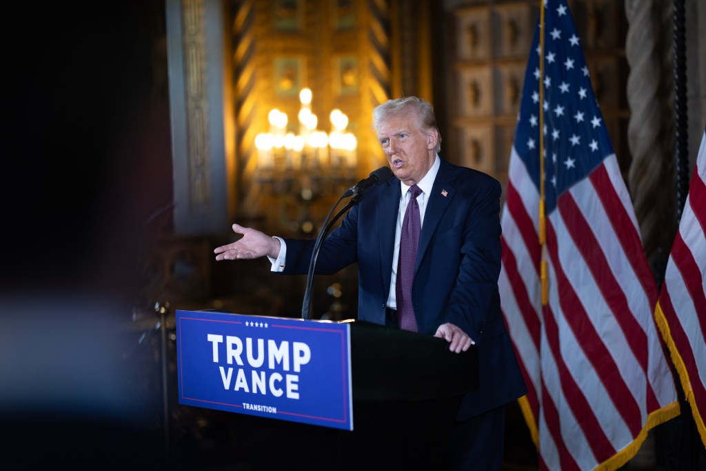 President-elect Donald Trump speaks to members of the media during a press conference at the Mar-a-Lago Club on January 07, 2025 in Palm Beach, Florida.