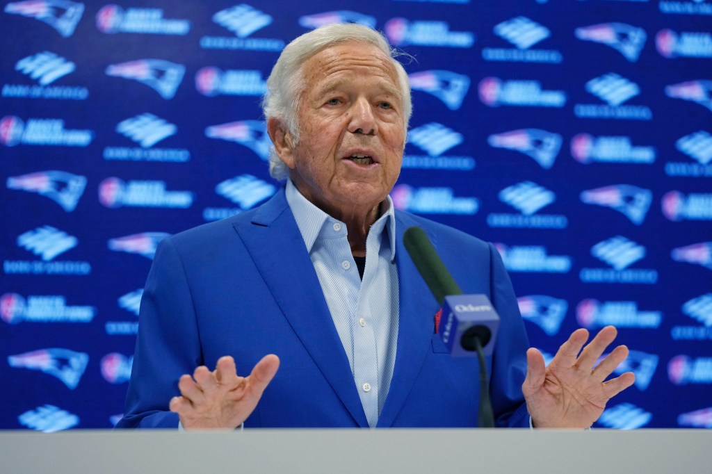 New England Patriots owner Robert Kraft answers a question during a media availability, Monday, Jan. 6, 2025, in Foxborough, Mass. 