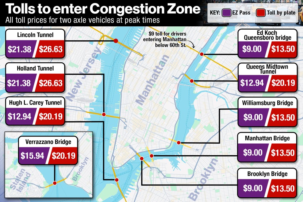 A map of a city indicating tolls and congestion areas