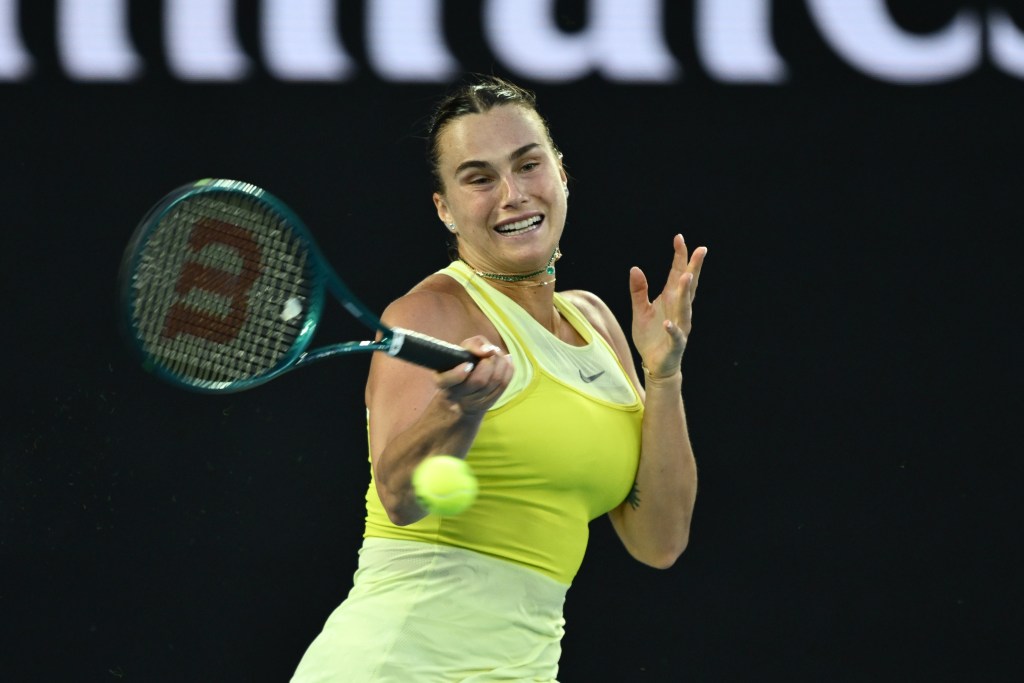 Aryna Sabalenka plays a forehand against Sloane Stephens in the first round of the Australian Open on Jan. 12, 2025.